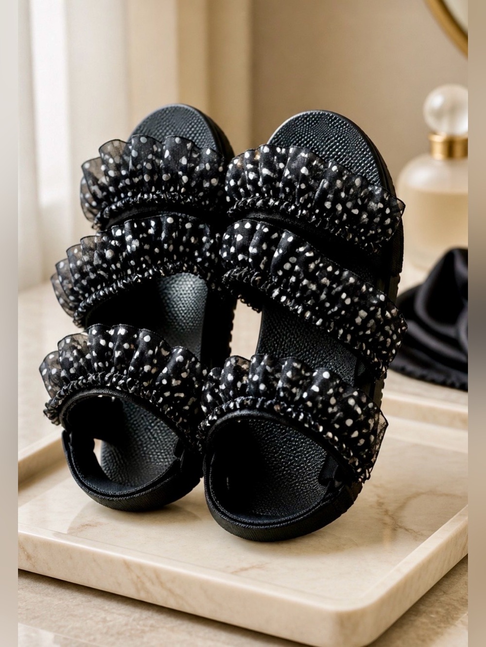 Imakokoni Black Chunky Ruffled Polka Dot Slide Sandals w/Velcro Ankle Straps 7.5